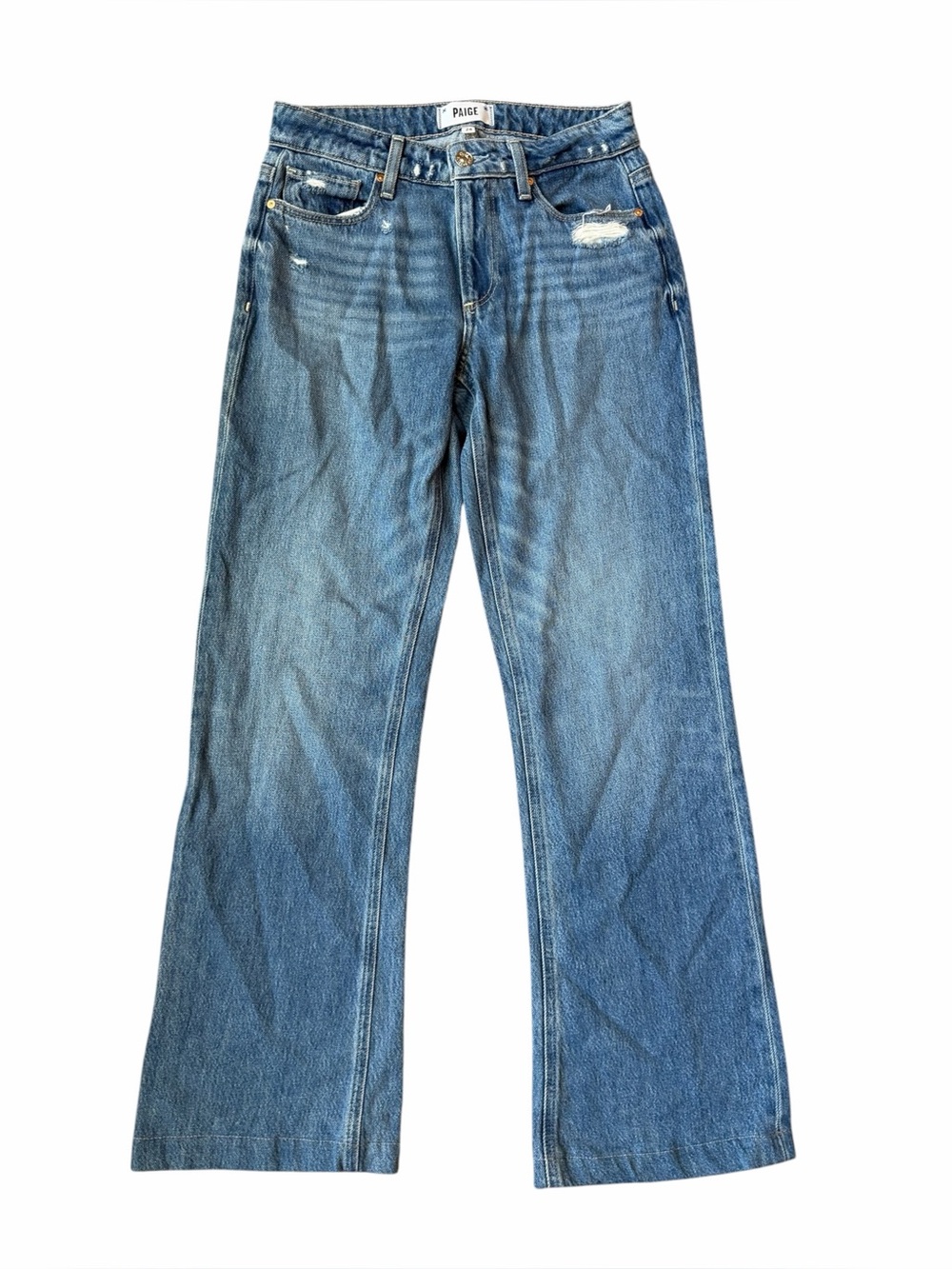 PAIGE Seville Distressed Straight Leg Jeans Medium Wash Blue Size 24